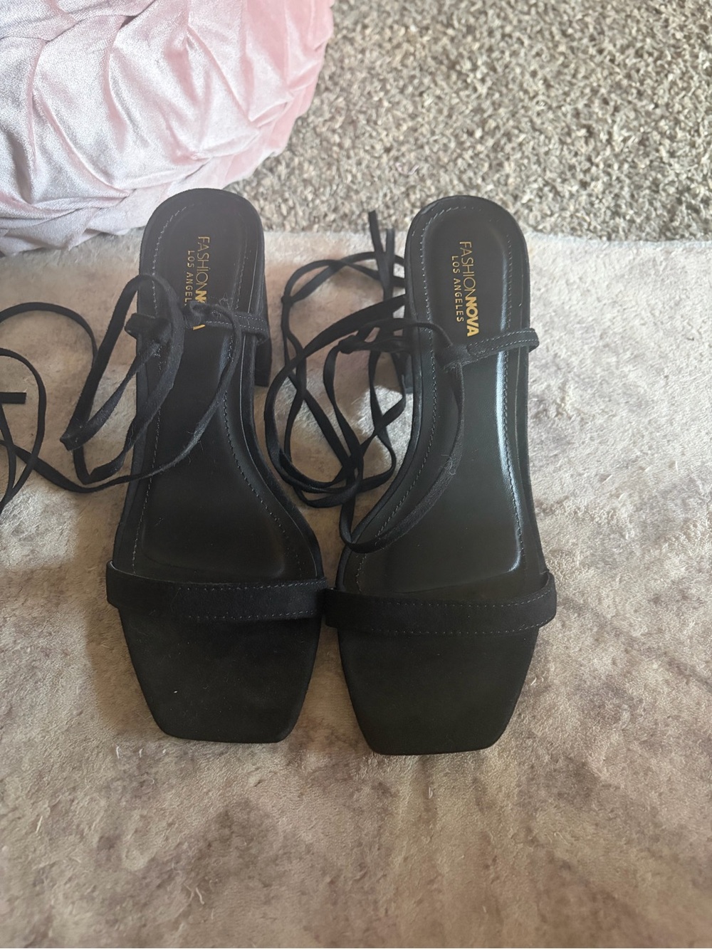 Fashion Nova Black Faux Suede Lace Up Ankle Tie Heeled Sandals Size 9